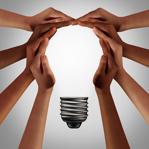 Team hands creating innovation.